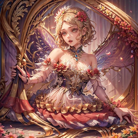 1girl

solo

short hair

blonde hair

brown hair

hair ornament

dress

bare shoulders

flower

wings

hair flower

curtains

fairy