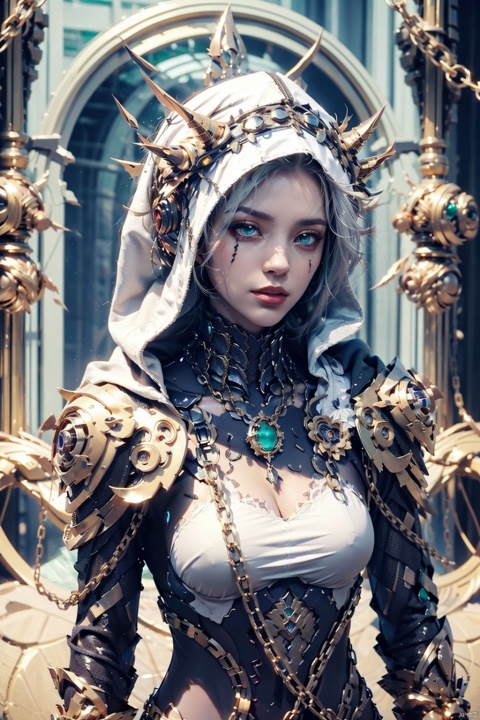  Masterpiece, high-quality, 8K,(( Game character)), The Queen of Hell, holding a sickle set with purple gemstones, wearing metal armor with spikes, wearing a hood on her head, emerald green eyes, white hair, chains, and shoulder armor
