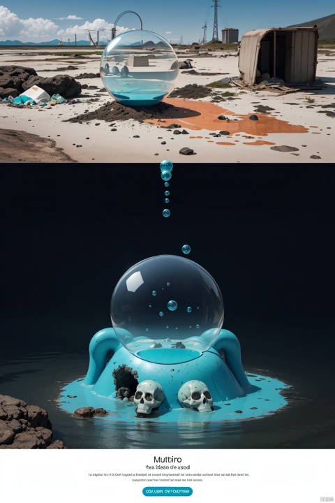  The main body of the poster is a huge transparent bubble hand, inside is the only clean piece of pure land, outside is a pile of skeletons eroded by nuclear sewage, and some garbage floating in the water, bubble hands have also mutated from nuclear sewage, as have the fish and coral inside.
, vector illustration, MinimalistPoster, ohwx outline