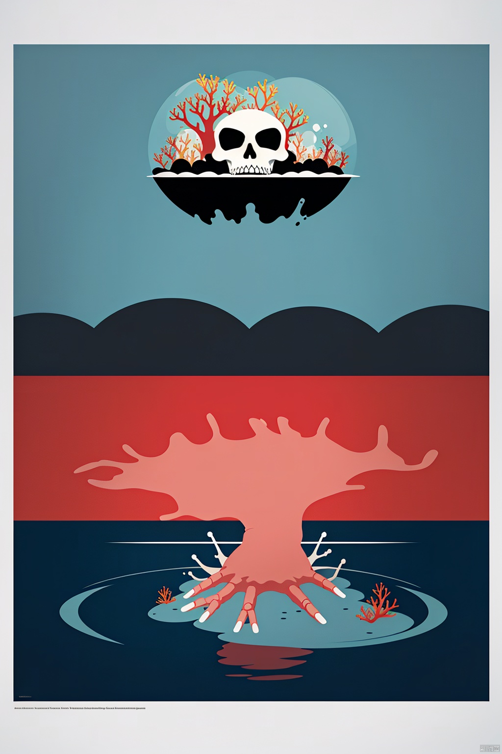  The main body of the poster is a huge transparent bubble hand, inside is the only clean piece of pure land, outside is a pile of skeletons eroded by nuclear sewage, and some garbage floating in the water, bubble hands have also mutated from nuclear sewage, as have the fish and coral inside.
, vector illustration, MinimalistPoster, ohwx outline