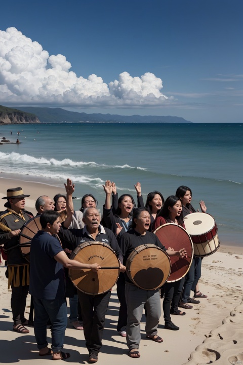 A big war drum on the beach, the contrast between the refreshing coast in the upper part and the polluted coast in the lower part. In front of the war drums stood people of different ages, genders, and ethnicities, all of whom raised their hands around the drums, symbolizing that everyone was taking action to protect the coastline.