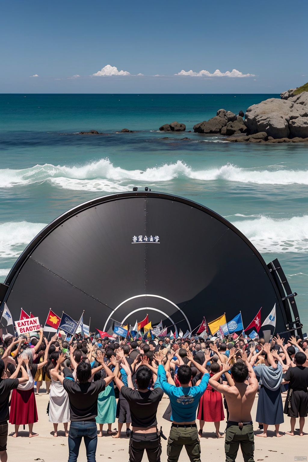 A big war drum on the beach, the contrast between the refreshing coast in the upper part and the polluted coast in the lower part. In front of the war drums stood people of different ages, genders, and ethnicities, all of whom raised their hands around the drums, symbolizing that everyone was taking action to protect the coastline., ohwx outline