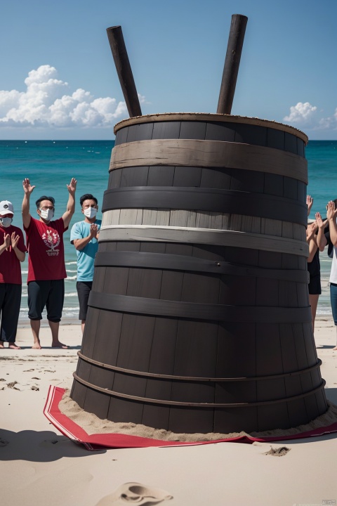 A big war drum on the beach, the contrast between the refreshing coast in the upper part and the polluted coast in the lower part. In front of the war drums stood people of different ages, genders, and ethnicities, all of whom raised their hands around the drums, symbolizing that everyone was taking action to protect the coastline., ohwx outline