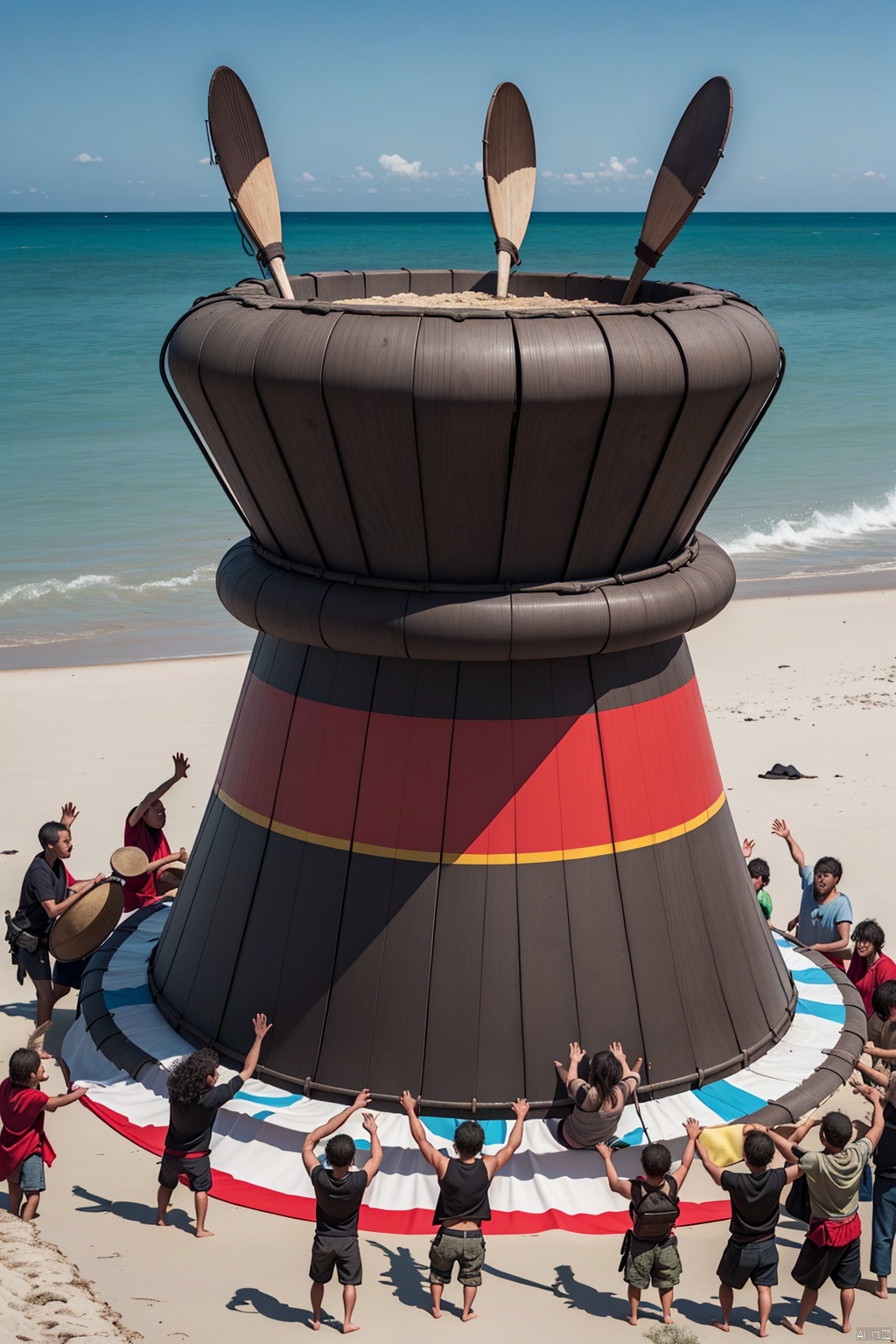 A big war drum on the beach, the contrast between the refreshing coast in the upper part and the polluted coast in the lower part. In front of the war drums stood people of different ages, genders, and ethnicities, all of whom raised their hands around the drums, symbolizing that everyone was taking action to protect the coastline.