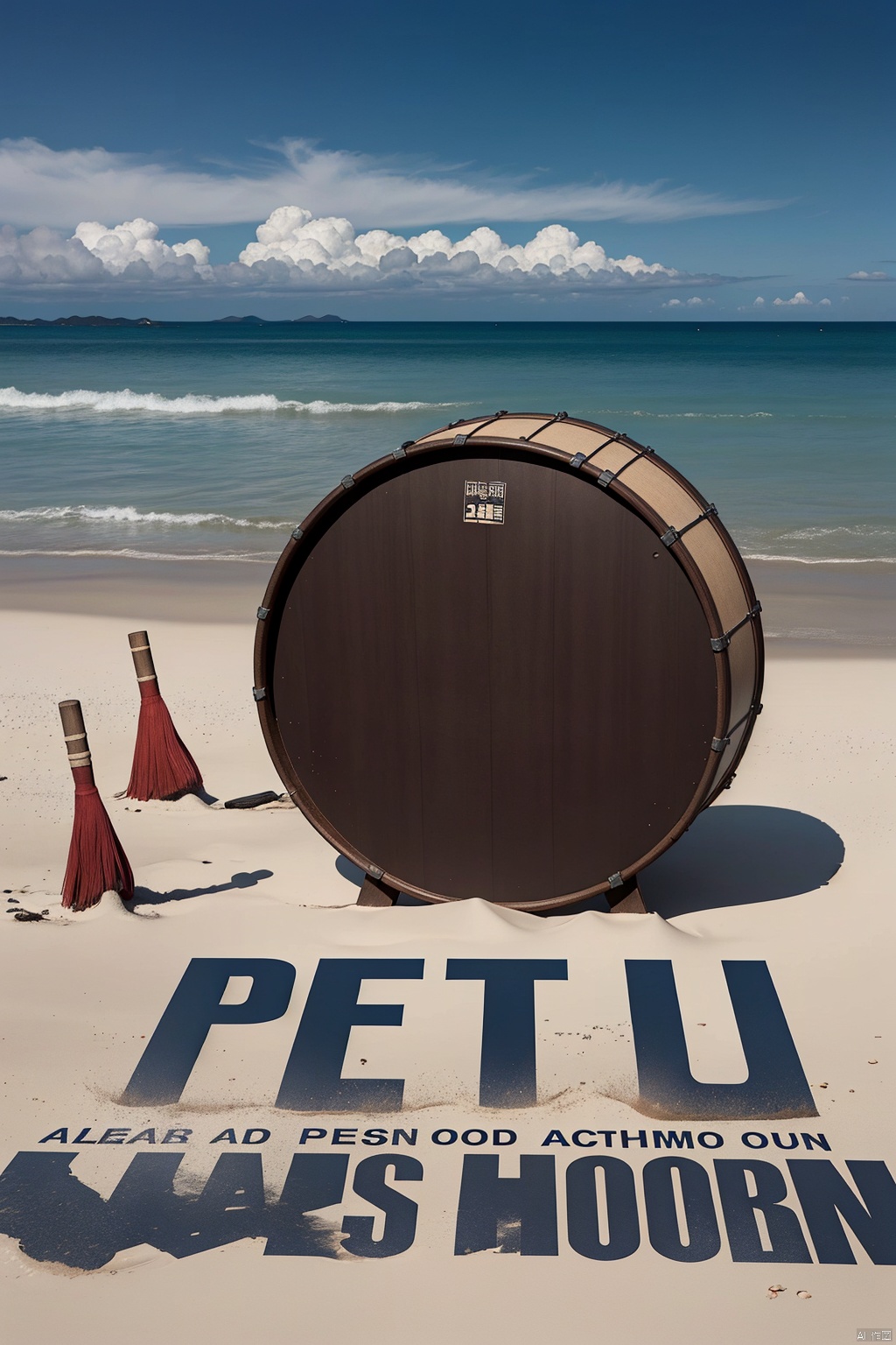 A big war drum on the beach, the contrast between the refreshing coast in the upper part and the polluted coast in the lower part. In front of the war drums stood people of different ages, genders, and ethnicities, all of whom raised their hands around the drums, symbolizing that everyone was taking action to protect the coastline., ohwx outline