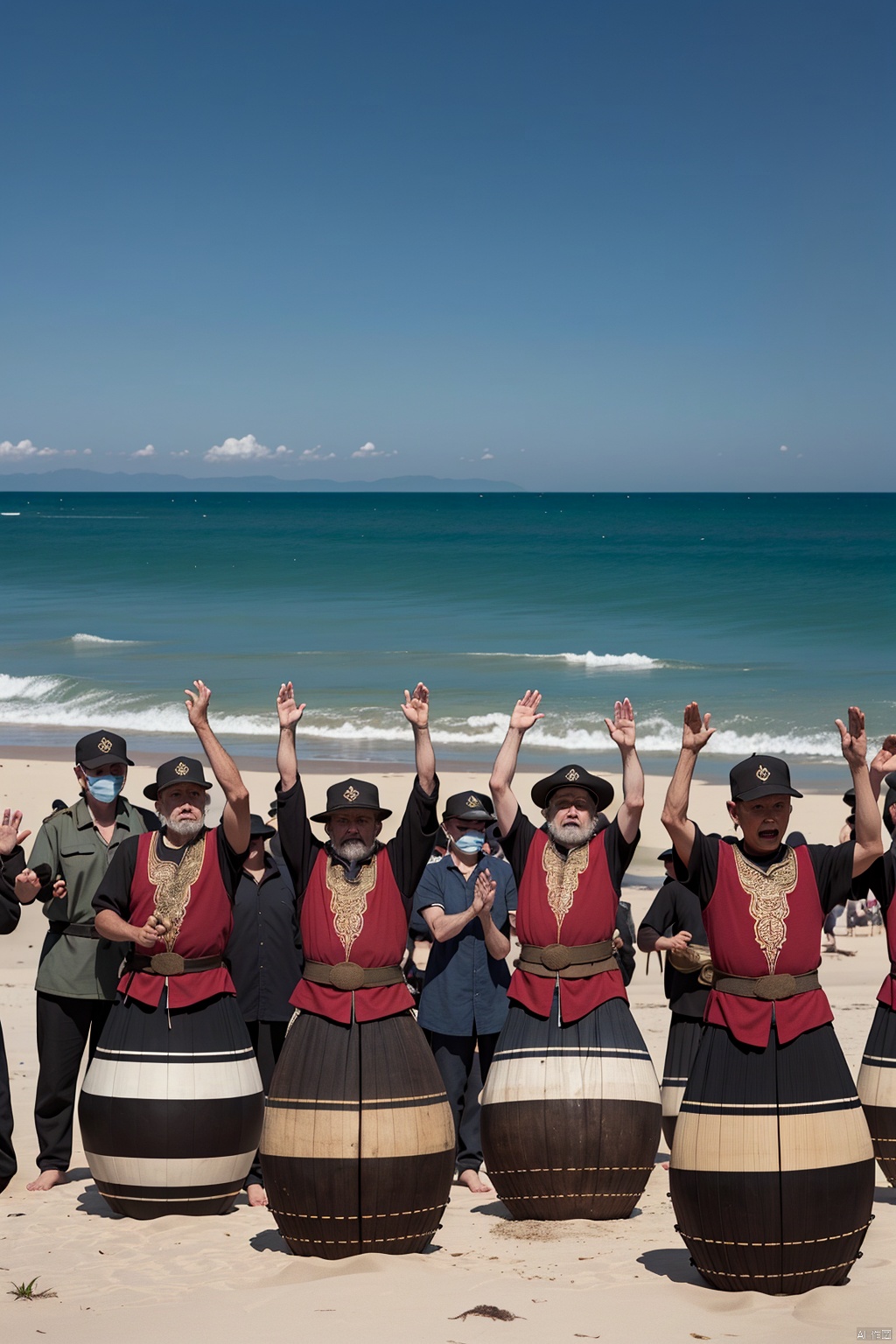 A big war drum on the beach, the contrast between the refreshing coast in the upper part and the polluted coast in the lower part. In front of the war drums stood people of different ages, genders, and ethnicities, all of whom raised their hands around the drums, symbolizing that everyone was taking action to protect the coastline.