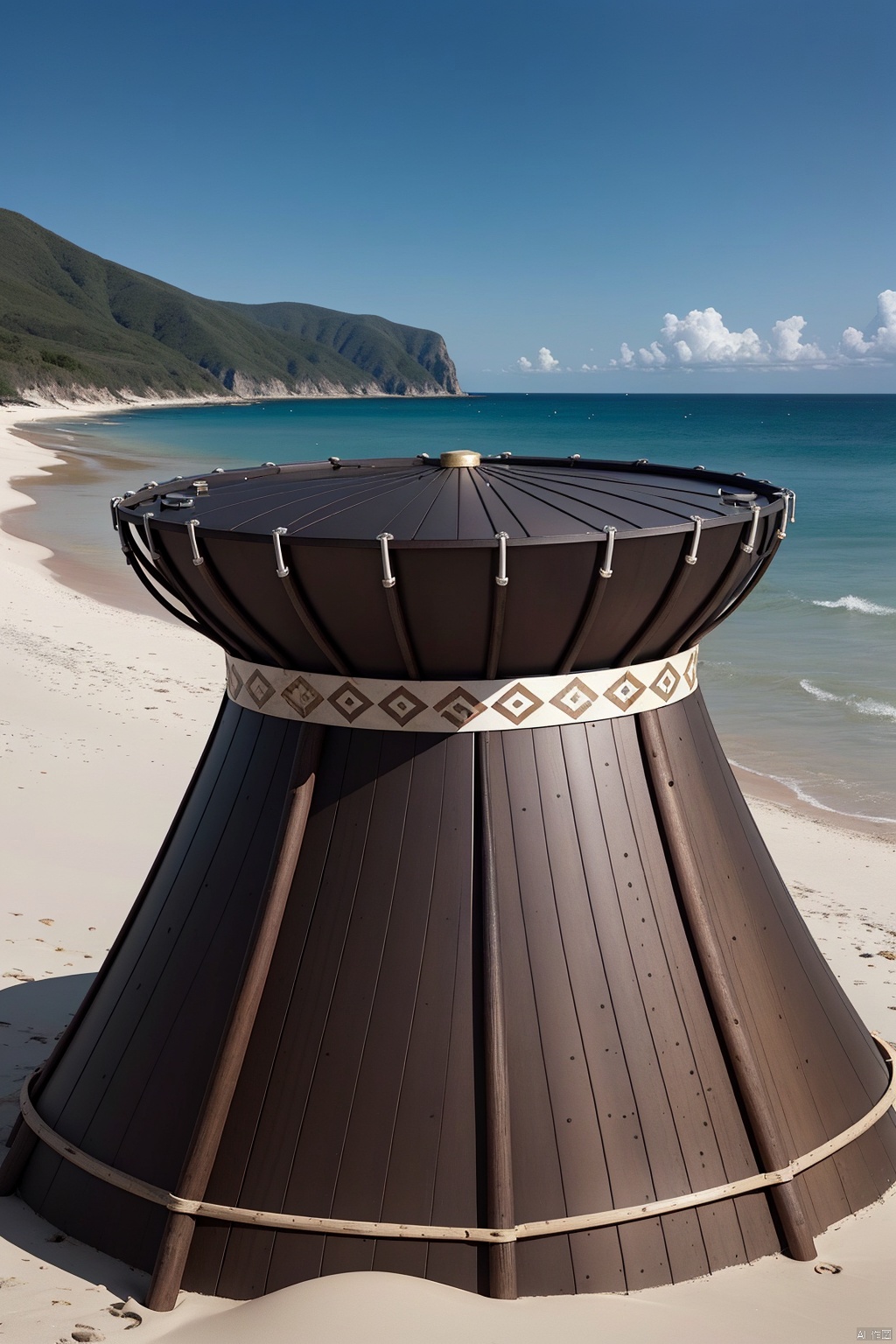 A big war drum on the beach, the contrast between the refreshing coast in the upper part and the polluted coast in the lower part. In front of the war drums stood people of different ages, genders, and ethnicities, all of whom raised their hands around the drums, symbolizing that everyone was taking action to protect the coastline.