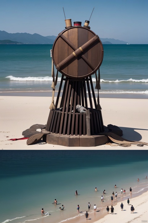 A big war drum on the beach, the contrast between the refreshing coast in the upper part and the polluted coast in the lower part. In front of the war drums stood people of different ages, genders, and ethnicities, all of whom raised their hands around the drums, symbolizing that everyone was taking action to protect the coastline., ohwx outline