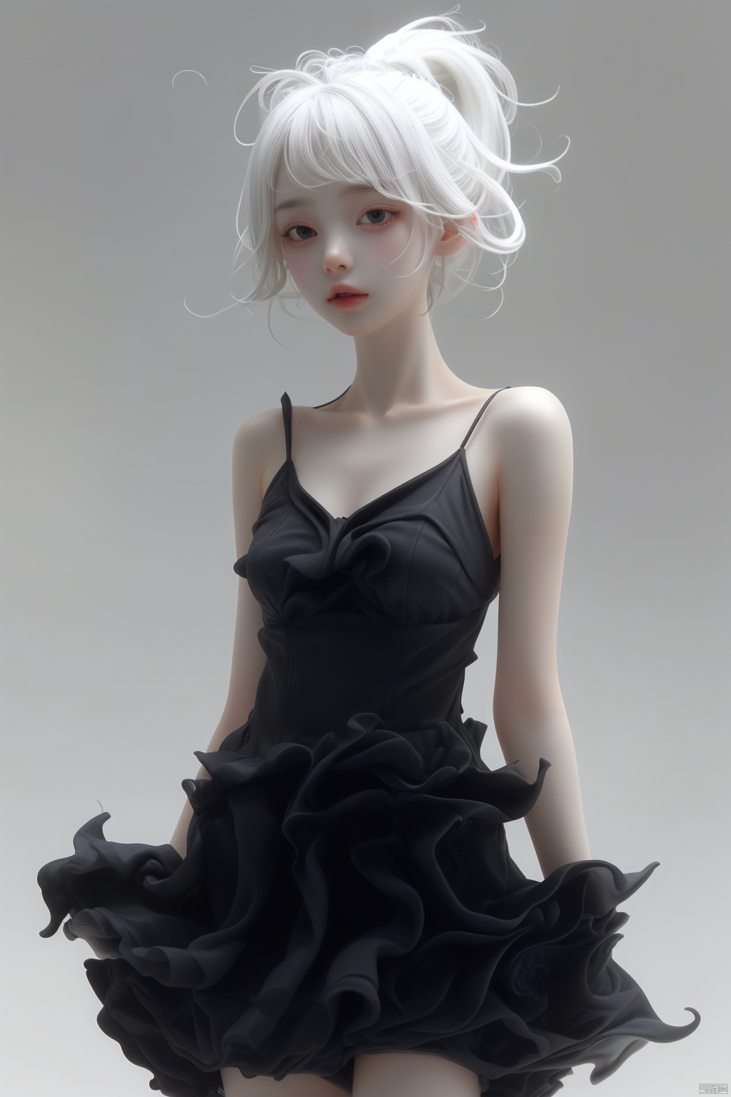  anancq,a girl with black dress and white hair,