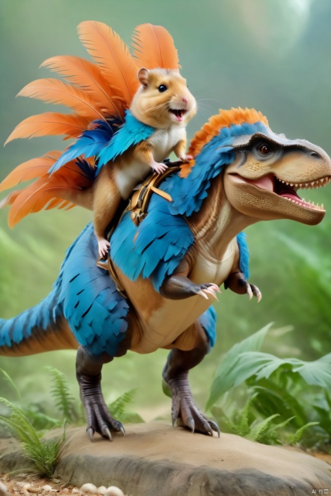 Hamster riding a dinosaur, tiny hamsters and giant dinosaurs,Tyrannosaurus rex, dinosaur, beautiful feathers, scary teeth, ((Best quality)), ((Best quality)),((Best quality)),((realistic)),((exterior view)),photo realistic,(masterpiece),orante,super detailed,intricate,photo like image quality, Hamster, ZLJ
