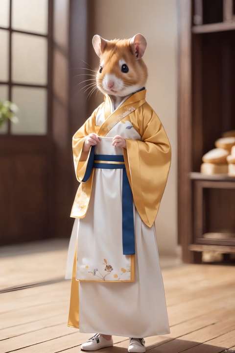  anthropomorphic hamster Star Man,anthropomorphic hamster,Anthropomorphism,animal,blue eyes,full body,blurry background,White Hanfu,Golden belt,White and brown hair,printing,Hanfu,clothed animal,depth of field,motion blur,solo, hamster's ears (Steamed cat-ear shaped bread),standing, Hamster, chineseclothes