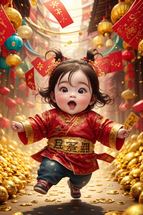 (best quality,4k,8k,highres,masterpiece:1.2), Red envelope rain, golden light, particle effects, spring Festival elements, Red envelope, red, baby, run to the audience, Blurred Background, Scattered, splashed  Red envelope, solo, ultra hd, (best quality), high detail, 8k, holding, running background, looking
, run, Red envelope rain, (\shi shi ru yi\)