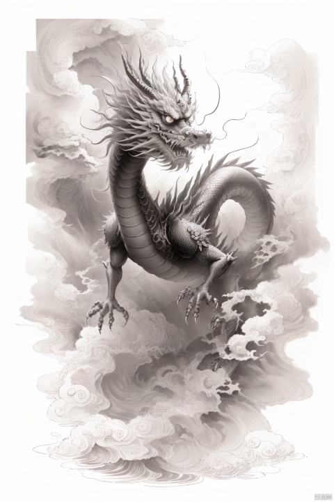  (best quality, super detailed,actual:1.37), an ink dragon, monochrome,within the mist, expression, clows, auspicious clouds,full body,delicate eyes. Chinese Dragon, Clouds

, Chinese Dragon, loong
