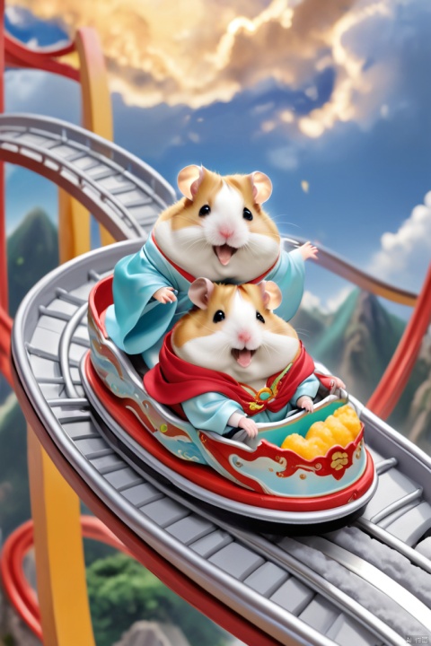  
(best quality, realistic), Two hamster, Above the twisting mountain range, a roller coaster cuts through the sky like a dazzling silver track. Two hamster, dressed in vibrant Hanfu, joyfully sit on top of the coaster. Their eyes sparkle with excitement, their mouths curve into happy smiles, micro landscape
