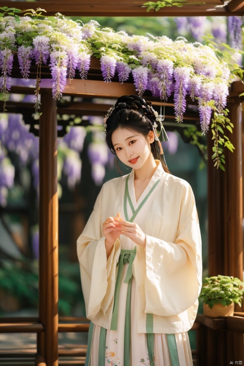 masterpiece,（Wisteria sinensis：1.05）,outdoor,a girl,vine,white flower,this picture shows an Asian woman in traditional Chinese clothing. she is standing under a flower stand covered with white flowers. her clothing is a light brown and beige robe embroidered with delicate patterns. her hair is combed into a traditional bun,she was decorated with pink flowers. She held a small flower and looked at the camera with a smile. In the background,there were green plants and light spots formed by the sun through the leaves. The whole scene gave people a sense of tranquility and harmony,