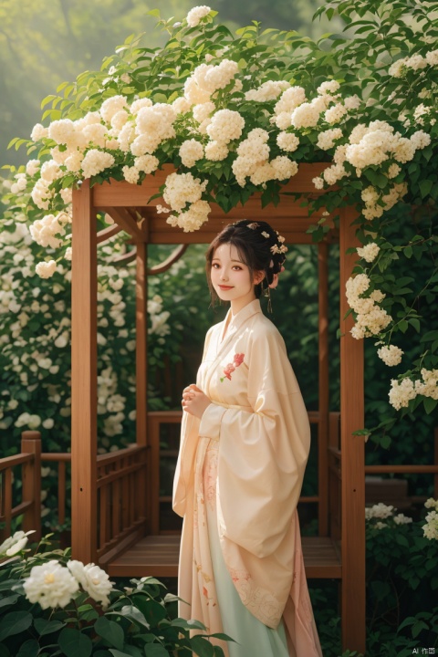 masterpiece,（Rosa banksiae：1.05）,outdoor,a girl,vine,white flower,this picture shows an Asian woman in traditional Chinese clothing. she is standing under a flower stand covered with white flowers. her clothing is a light brown and beige robe embroidered with delicate patterns. her hair is combed into a traditional bun,she was decorated with pink flowers. She held a small flower and looked at the camera with a smile. In the background,there were green plants and light spots formed by the sun through the leaves. The whole scene gave people a sense of tranquility and harmony,