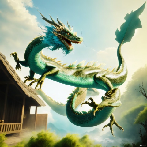 loong,outdoors,sky,teeth,day,blue sky,no humans,fangs,sharp teeth,claws,scales,（eastern dragon：1.2）