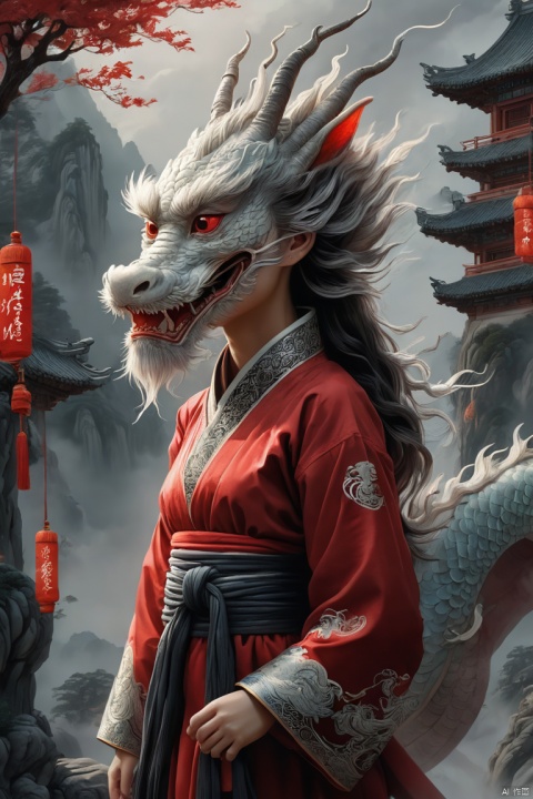  Loong, 1girl,solo,looking at viewerblack, hairred eyeslong sleeves,standing,Chinese clothes, tail,tail,outdoors, behind her, a huge ghost Chinese dragon Head, surprised eyes, (dragon girl:1.3), loong, 
