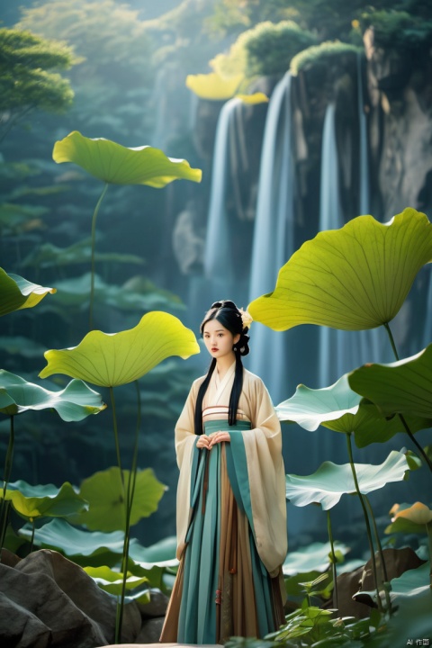 YT lotus leaf,Lotus Leaf Background,Size comparison,A serene Hanfu-clad beauty stands tall, her long black hair adorned with a delicate ornament, cascading down her back like a waterfall. She wears a flowing skirt and long sleeves that billow in the gentle day breeze outdoors. In the distance, a lush plant with lotus leaves stretches towards the sky, set against a picturesque scenery. The camera captures her striking figure from a wide shot, as she stands confidently amidst nature's beauty.