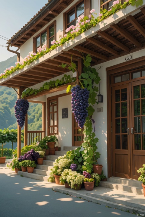 masterpiece,(Grape:1.15),vine,realistic,Homestay,there is a flower stand with grapes on it,