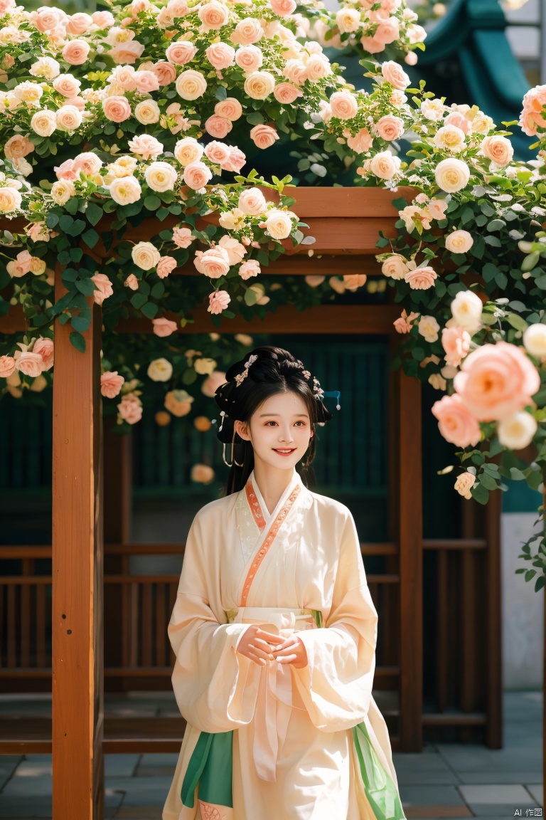 masterpiece,(Rosa banksiae:1.25),outdoor,a girl,vine,white flower,this picture shows an Asian woman in traditional Chinese clothing. she is standing under a flower stand covered with white flowers. her clothing is a light brown and beige robe embroidered with delicate patterns. her hair is combed into a traditional bun,she was decorated with pink flowers. She held a small flower and looked at the camera with a smile. In the background,there were green plants and light spots formed by the sun through the leaves. The whole scene gave people a sense of tranquility and harmony,