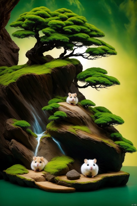  micro landscape, cypress trees above the rock, underground is the river,JZCG024,anthropomorphic Hamster, (a hamster under this tree)
, micro landscape
