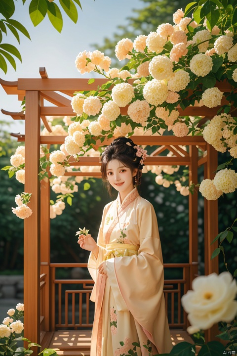 masterpiece,（Rosa banksiae：1.05）,outdoor,a girl,vine,white flower,this picture shows an Asian woman in traditional Chinese clothing. she is standing under a flower stand covered with white flowers. her clothing is a light brown and beige robe embroidered with delicate patterns. her hair is combed into a traditional bun,she was decorated with pink flowers. She held a small flower and looked at the camera with a smile. In the background,there were green plants and light spots formed by the sun through the leaves. The whole scene gave people a sense of tranquility and harmony,