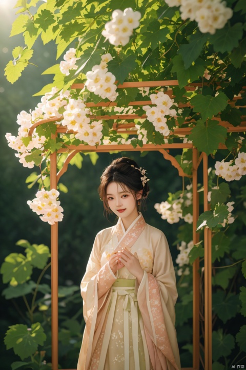 masterpiece,（Grape：1.05）,outdoor,a girl,vine,white flower,this picture shows an Asian woman in traditional Chinese clothing. she is standing under a flower stand covered with white flowers. her clothing is a light brown and beige robe embroidered with delicate patterns. her hair is combed into a traditional bun,she was decorated with pink flowers. She held a small flower and looked at the camera with a smile. In the background,there were green plants and light spots formed by the sun through the leaves. The whole scene gave people a sense of tranquility and harmony,