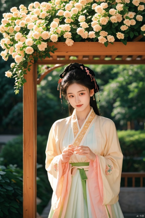 masterpiece,(Rosa banksiae:1.25),outdoor,a girl,vine,white flower,this picture shows an Asian woman in traditional Chinese clothing. she is standing under a flower stand covered with white flowers. her clothing is a light brown and beige robe embroidered with delicate patterns. her hair is combed into a traditional bun,she was decorated with pink flowers. She held a small flower and looked at the camera with a smile. In the background,there were green plants and light spots formed by the sun through the leaves. The whole scene gave people a sense of tranquility and harmony,