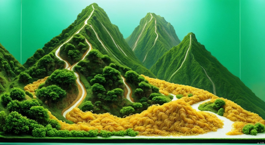  Micro landscape, masterpiece,best quality,miniature photography,a mountain formed by fruits,the river formed by noodles,the mountain formed by ginger,