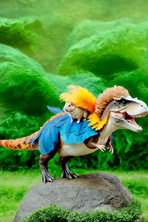  Hamster riding a dinosaur, tiny hamsters and giant dinosaurs,endless thunder,, dinosaur, beautiful feathers, scary teeth, ((Best quality)), ((Best quality)),((Best quality)),((realistic)),((exterior view)),photo realistic,(masterpiece),orante,super detailed,intricate,photo like image quality, Hamster, ZLJ
