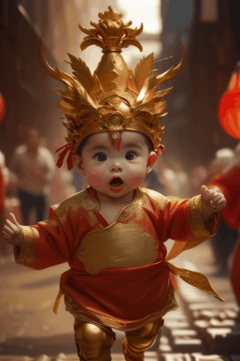 (best quality, 4k, 8k, highres, masterpiece:1.2), god of wealth, spring Festival elements, gold, gold, gold, red, baby, new year clothes, run to the audience, Blurred Background, Scattered, splashed riches, solo, ultra hd, (best quality), high detail, 8k, holding, running background, looking, run