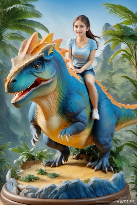  Inside, a dinosaur, a girl sitting at the top of the happy play, ((Best quality)),((Best quality)),((realistic)),((exterior view)),photo realistic,(masterpiece),orante,super detailed,intricate,photo like image quality,detailed,intricate,photo like image quality, Hamster, ZLJ
, jackfrost, GUOFENG