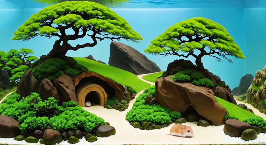 micro landscape, cypress trees above the rock, underground is the river,JZCG024,hamster, (a hamster under this tree)