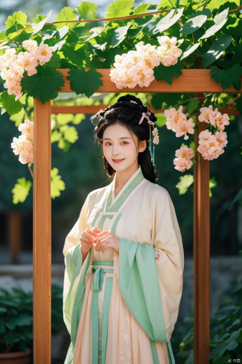 masterpiece,（Grape：1.05）,outdoor,a girl,vine,white flower,this picture shows an Asian woman in traditional Chinese clothing. she is standing under a flower stand covered with white flowers. her clothing is a light brown and beige robe embroidered with delicate patterns. her hair is combed into a traditional bun,she was decorated with pink flowers. She held a small flower and looked at the camera with a smile. In the background,there were green plants and light spots formed by the sun through the leaves. The whole scene gave people a sense of tranquility and harmony,