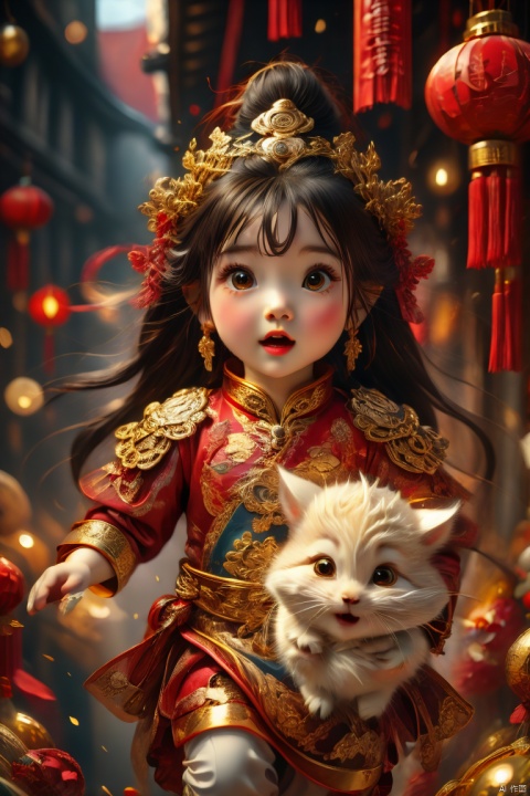  (best quality,4k,8k,highres,masterpiece:1.2), god of wealth, spring Festival elements, gold, gold, gold, red, baby, new year clothes, run to the audience, Blurred Background, Scattered, splashed riches, solo, ultra hd, (best quality), high detail, 8k, holding, running background, looking, run, dofas, 