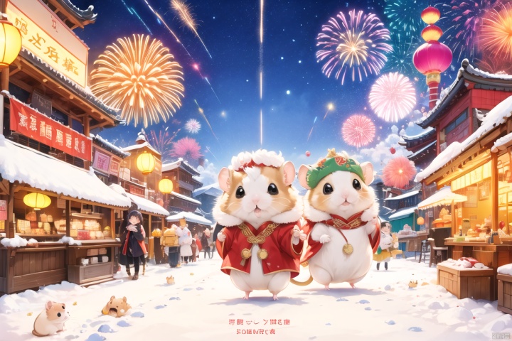  new year,(Hamster) and dragon_tail,full_body,fire,3d, cute,best quality,official art,8k wallpaper,highly detailed,rich detailed,xinnian\(guochao\),Spring Festival,modern city street,fireworks,sky,snow,Spring Festival, modern city streets, fireworks, sky, cars, dragon and lion dance, wmchahua, ( figma:0.8), Hamster