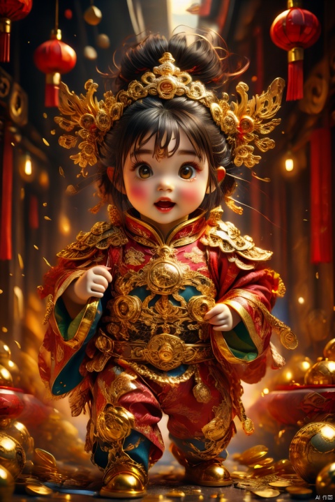  (best quality,4k,8k,highres,masterpiece:1.2), god of wealth, spring Festival elements, gold, gold, gold, red, baby, new year clothes, run to the audience, Blurred Background, Scattered, splashed riches, solo, ultra hd, (best quality), high detail, 8k, holding, running background, looking, run, dofas, 