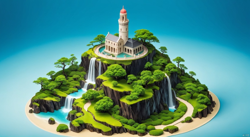  Micro landscape,Miniature photography, (surrealist dream style),
masterpieces, best quality,((((simple background,isometric view)))), 
An island on the sea, tower,object,(((no humans))),dynamic graphic art,professional simbol design,Very Complex perfect elegant composition