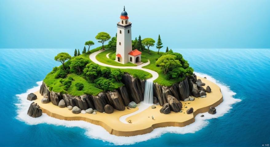  Micro landscape,Miniature photography, (surrealist dream style),
masterpieces, best quality,((((simple background,isometric view)))), 
An island on the sea, tower,object,(((no humans))),dynamic graphic art,professional simbol design,Very Complex perfect elegant composition