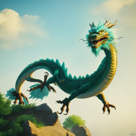 loong,outdoors,sky,teeth,day,blue sky,no humans,fangs,sharp teeth,claws,scales,（eastern dragon：1.2）