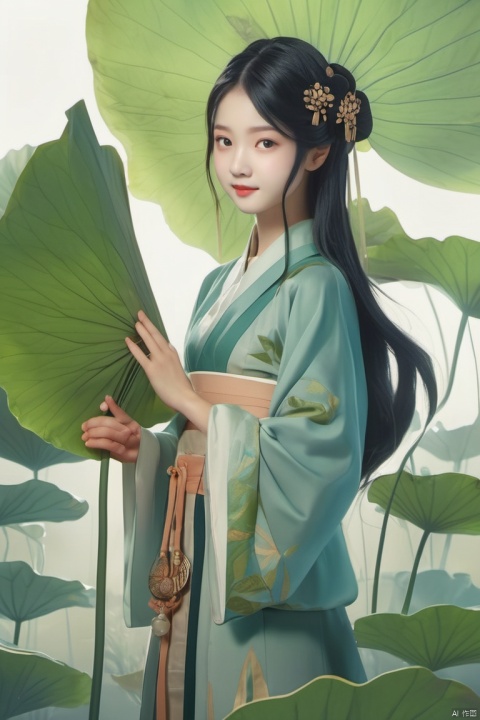 YT lotus leaf,
1girl,solo,smile,black hair,hair ornament,long sleeves,holding,standing,