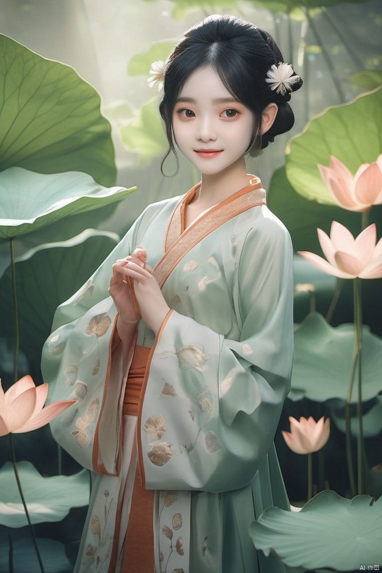 YT lotus leaf,
1girl,solo,smile,black hair,hair ornament,long sleeves,holding,standing,