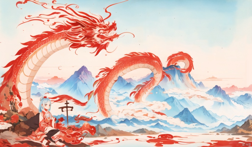  Ink and wash, Paws, Mountains, Dragon Girl, Monochrome, red and Ink Chinese Dragon, red, Chinese Dragon, Chinese Dragon,Ink, national tide