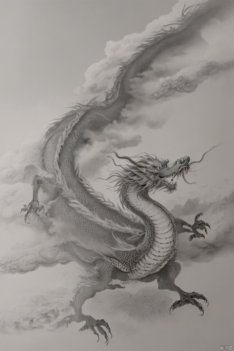 (best quality, super detailed,actual:1.37), an ink dragon, monochrome,within the mist, expression, clows, auspicious clouds,full body,delicate eyes. Chinese Dragon, Clouds

, Chinese Dragon