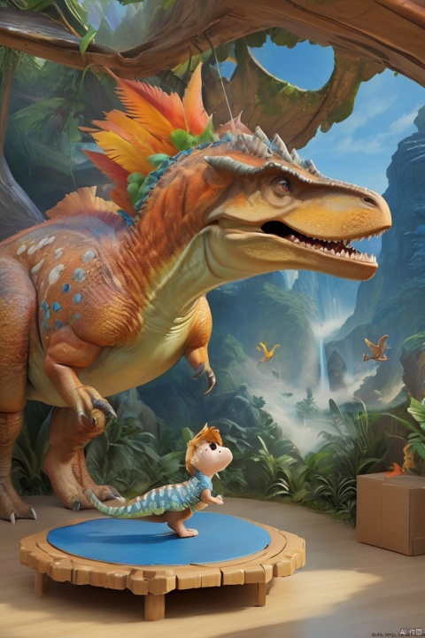  Inside, a dinosaur, a little boy sitting at the top of the happy play, ((Best quality)),((Best quality)),((realistic)),((exterior view)),photo realistic,(masterpiece),orante,super detailed,intricate,photo like image quality,detailed,intricate,photo like image quality, Hamster, ZLJ
, jackfrost