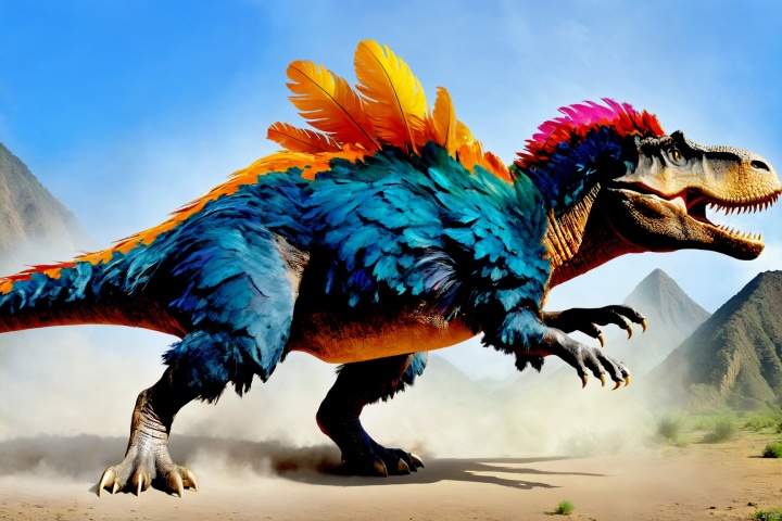 Black Dinosaur,  colorful feathers,  attacking humans,  prehistoric interpretation,  ferocious predator,  prehistoric reptile,  ancient world,  primeval creature,  prehistoric epic .., ZLJ,