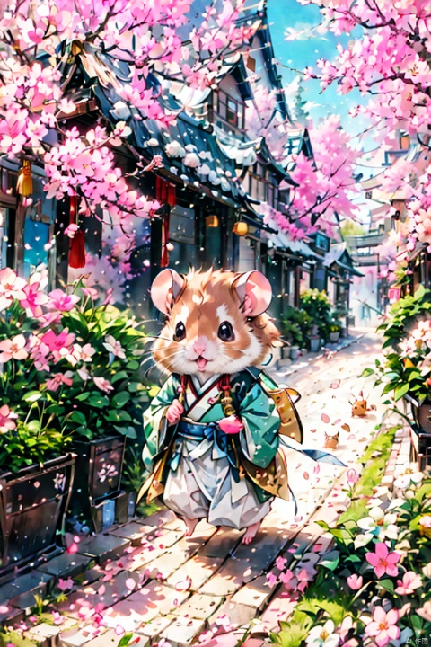  Hamster, (the hamster in the luxurious Hanfu), walks in a beautiful scenery, the cherry blossoms fall, the world is so beautiful, Micro landscape, 