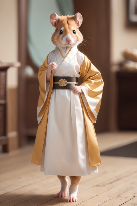  anthropomorphic hamster Star Man,anthropomorphic hamster,Anthropomorphism,animal,blue eyes,full body,blurry background,White Hanfu,Golden belt,White and brown hair,printing,Hanfu,clothed animal,depth of field,motion blur,solo, hamster's ears (Steamed cat-ear shaped bread),standing, Hamster, chineseclothes