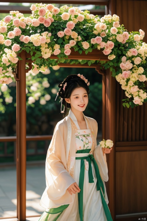 masterpiece,(Rosa banksiae:1.25),outdoor,a girl,vine,white flower,this picture shows an Asian woman in traditional Chinese clothing. she is standing under a flower stand covered with white flowers. her clothing is a light brown and beige robe embroidered with delicate patterns. her hair is combed into a traditional bun,she was decorated with pink flowers. She held a small flower and looked at the camera with a smile. In the background,there were green plants and light spots formed by the sun through the leaves. The whole scene gave people a sense of tranquility and harmony,